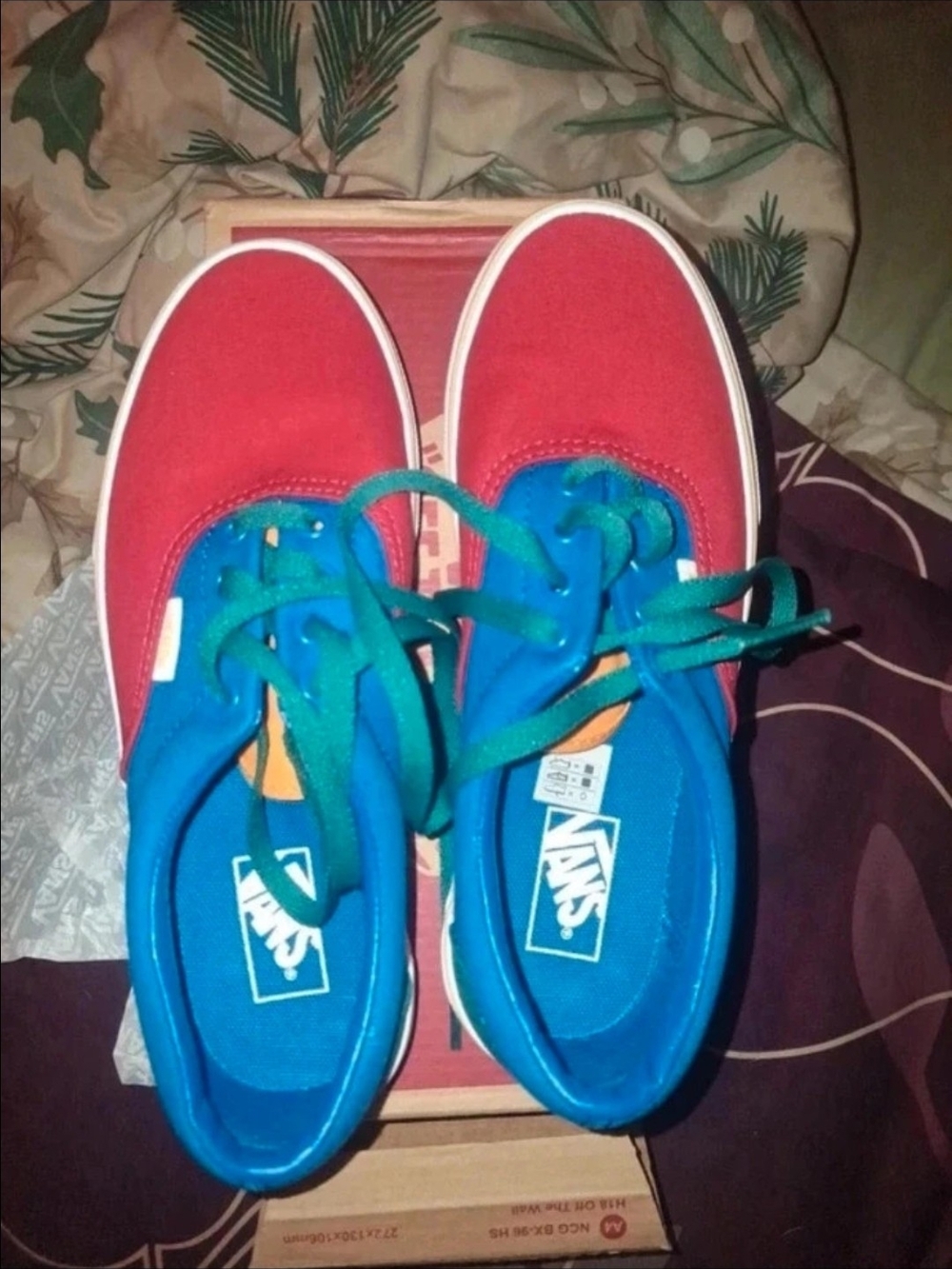 Vans Kids Red Canvas Sneakers with Blue Interior and Teal Laces